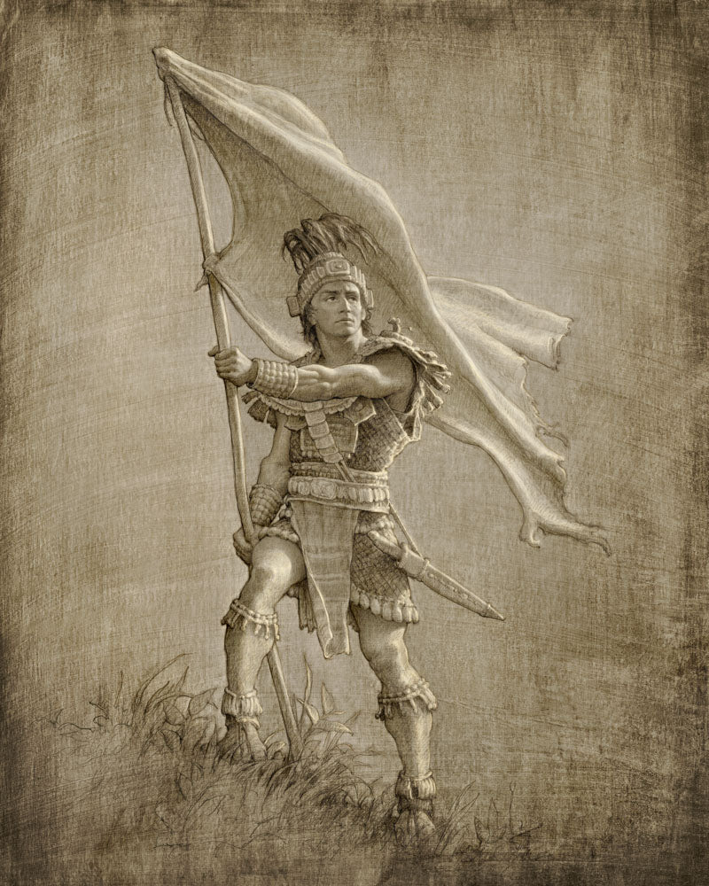 Sketch of a young solder from anicent times holding a large flag. Art