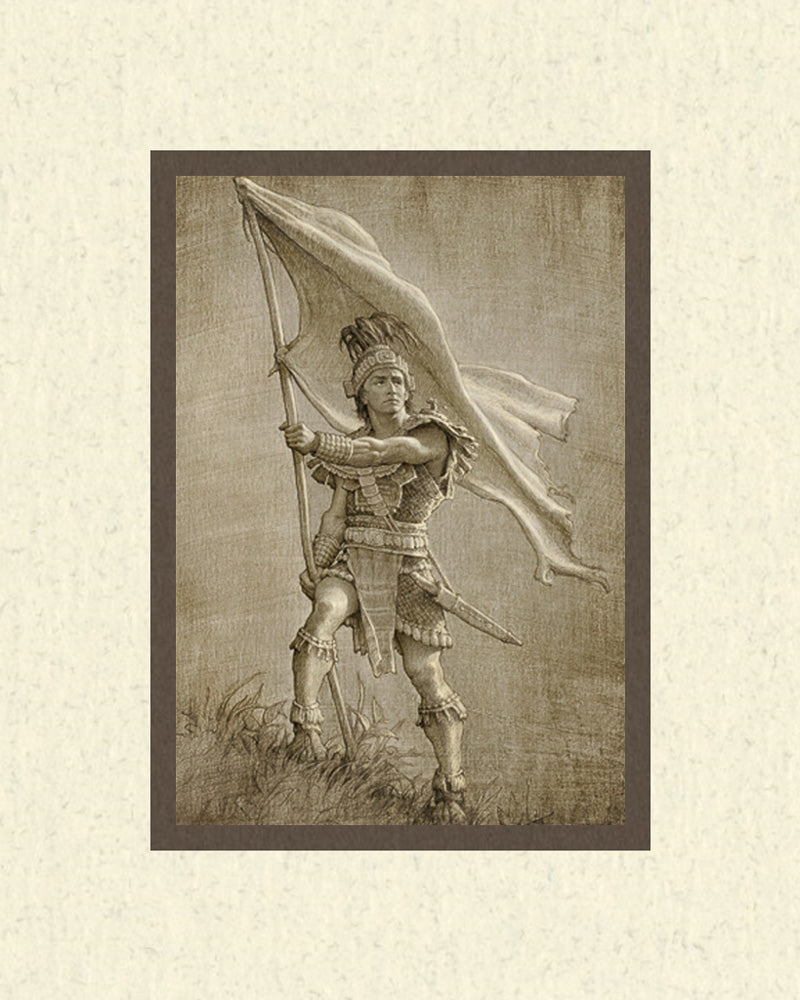 Sketch of a young solder from anicent times holding a large flag. Art 18