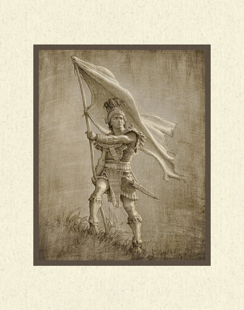 Sketch of a young solder from anicent times holding a large flag. Art 19