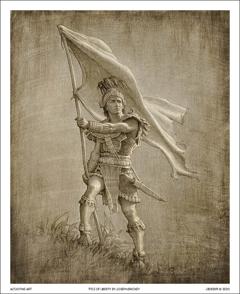 Sketch of a young solder from anicent times holding a large flag. Art 6