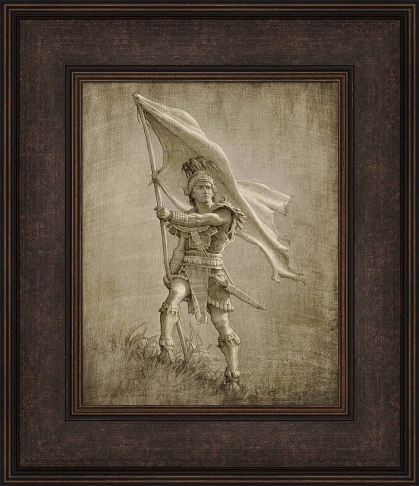 Sketch of a young solder from anicent times holding a large flag. Art 14