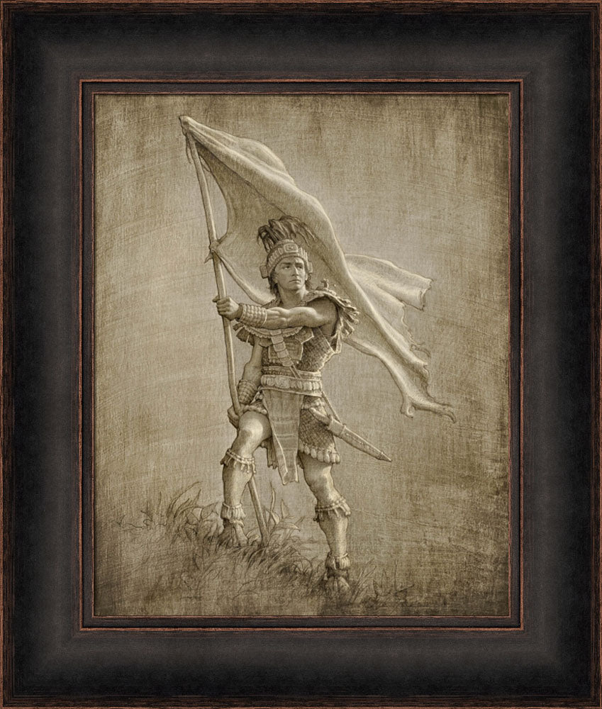 Sketch of a young solder from anicent times holding a large flag. Art 15