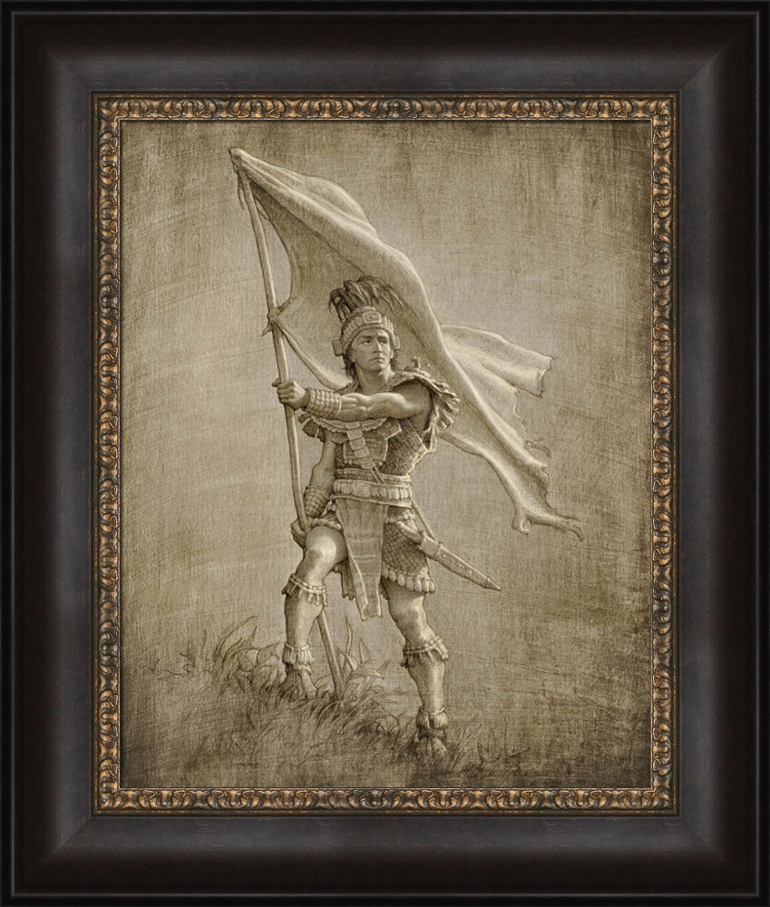 Sketch of a young solder from anicent times holding a large flag. Art 8