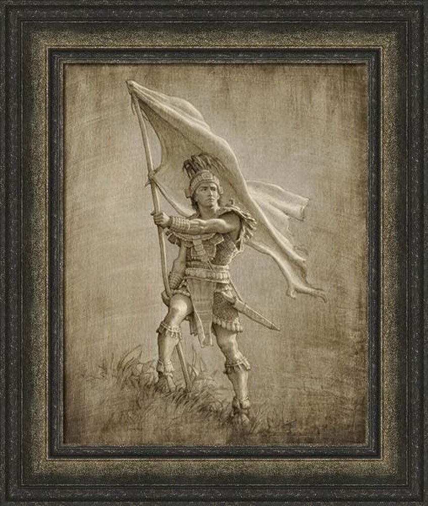 Sketch of a young solder from anicent times holding a large flag. Art 9