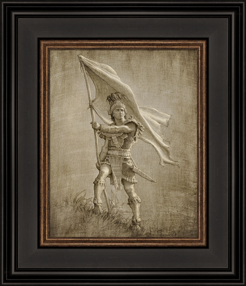 Sketch of a young solder from anicent times holding a large flag. Art 12