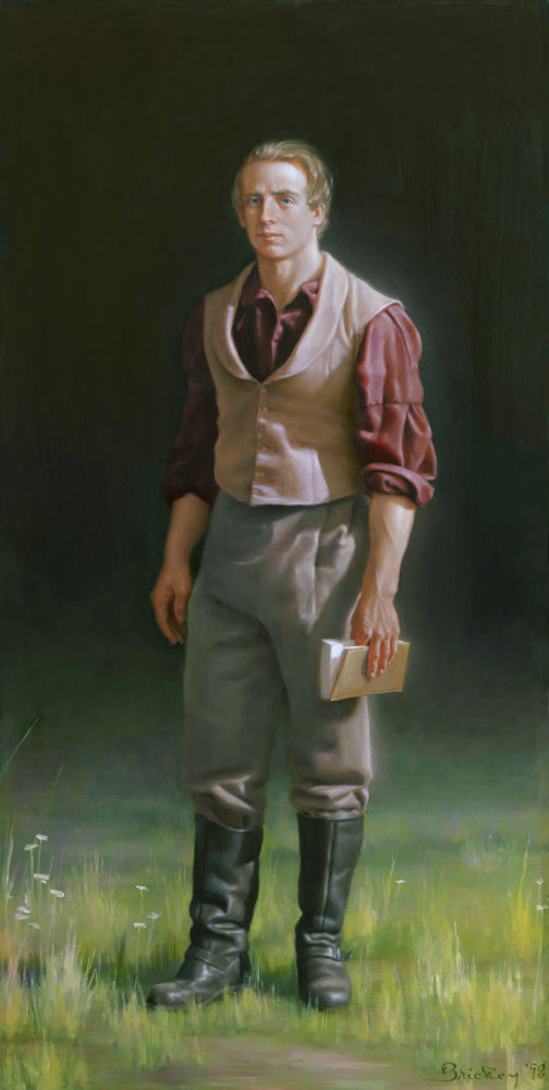 Joseph Smith standing in a field holding a book.