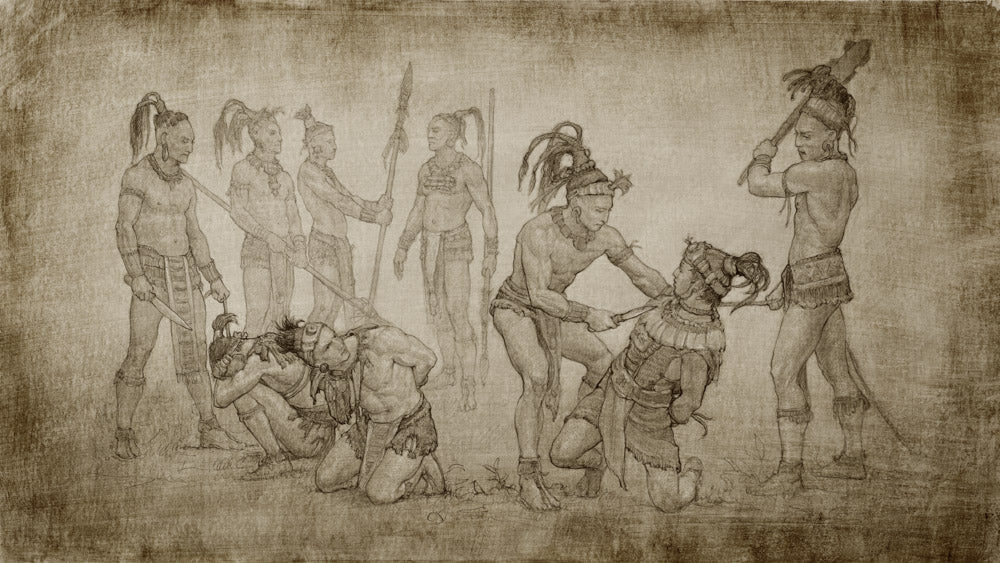 A sketch of a group of ancient warriors being captured by their enemy.