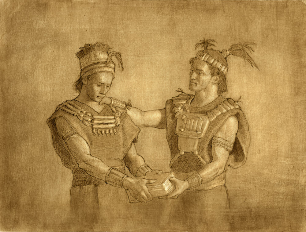 Two men dressed in ancient clothing. One handing a book to the other.