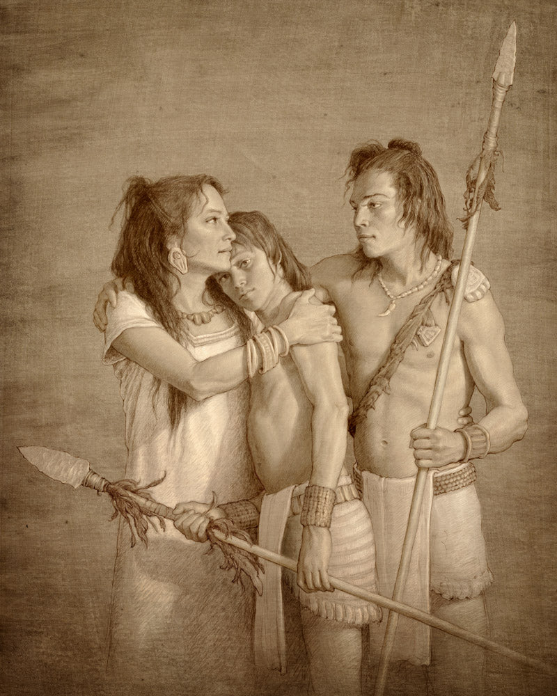 A mother comforting her two young warriors sons holding spears.