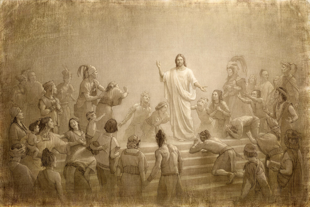 Sketch of Jesus in the Americas surrounded by people.