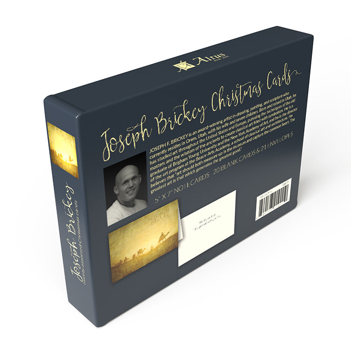 A gift box containing a book depicting a man, alongside Caravan in the Desert-themed Christmas cards.