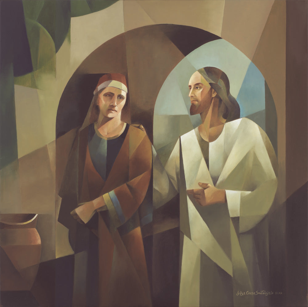 Walking through an archway, Jesus tenderly puts his hand on man's shoulder.