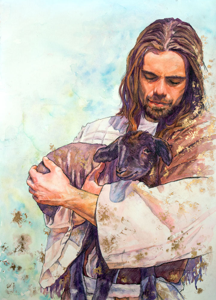 Jesus Christ holding a black sheep.