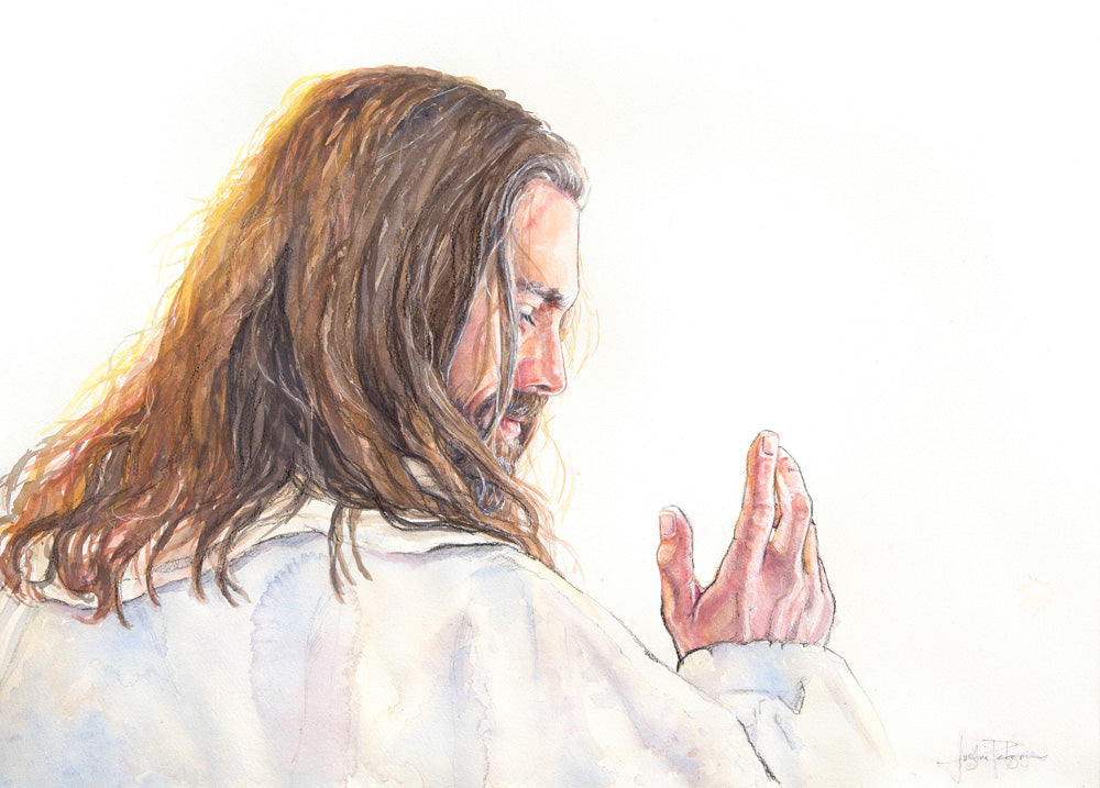 Jesus Christ from behind with hand up beckoning.