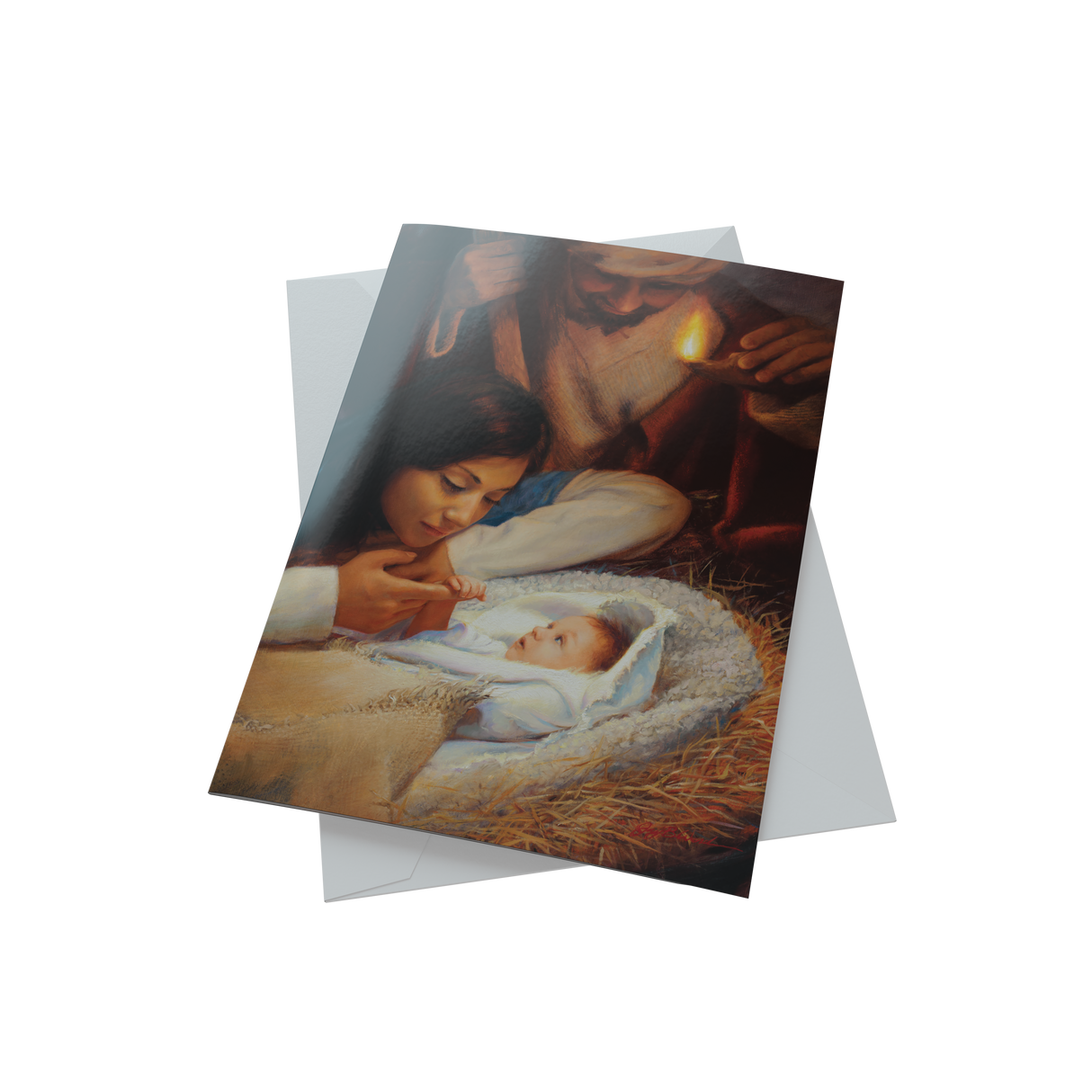 A festive Christmas card depicting a baby in a manger, from the Jay Bryant Ward Boxed Christmas Cards series.