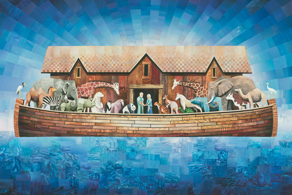 Noah's ark with Noah, his family, and the animals gathered in prayer. Artwork made up of tiny magazine cutouts.