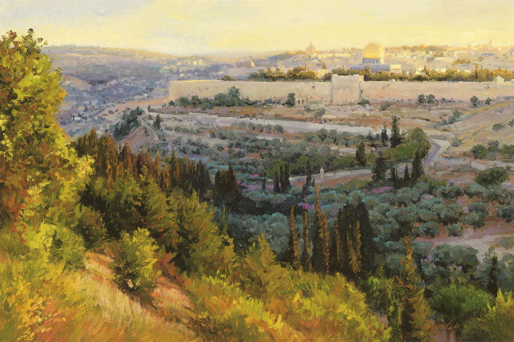 The city of Jerusalem being looked at from a tree covered hill.