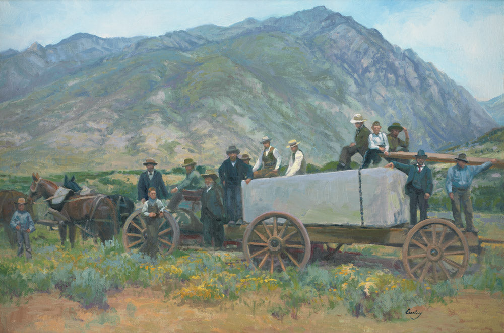 A group of early Latter-day Saint men hauling large slabs of granite on wagon.