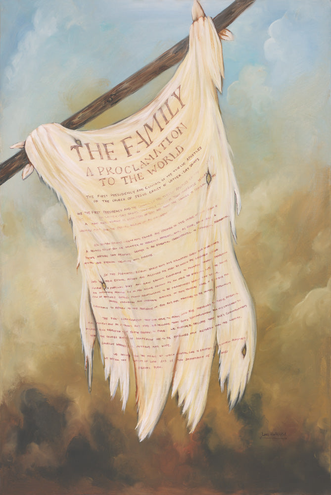 Title of liberty flag from the book of mormon with the Family Proclamation on it.