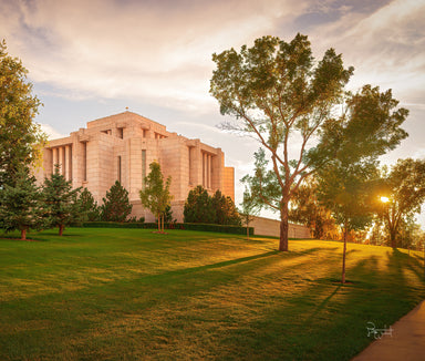 The Cardston Alberta Temple with sunlight shining through the trees.