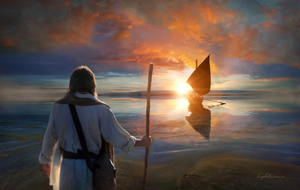 Jesus calling apostles in boat to come follow him.