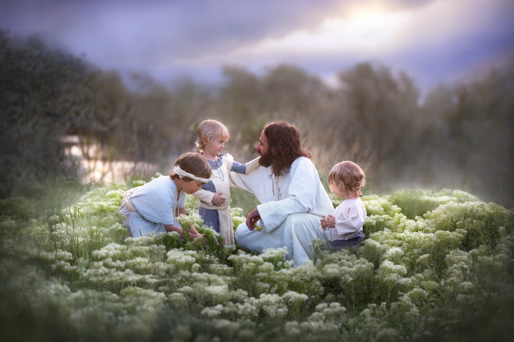 LDS art picture of Jesus sitting in a field of flowers with children.