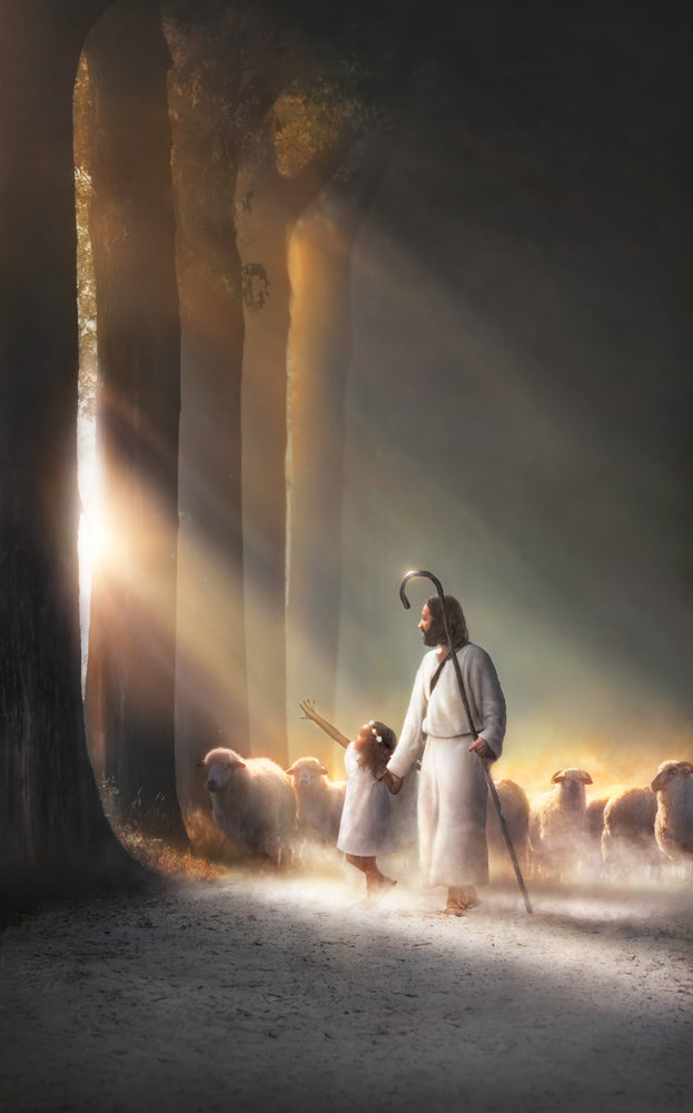 Jesus walking through an illuminated forest with sheep.