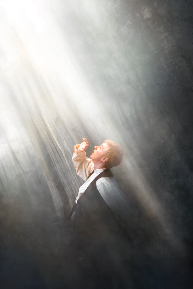Young Joseph Smith overcoming darkness seeing light ascending.