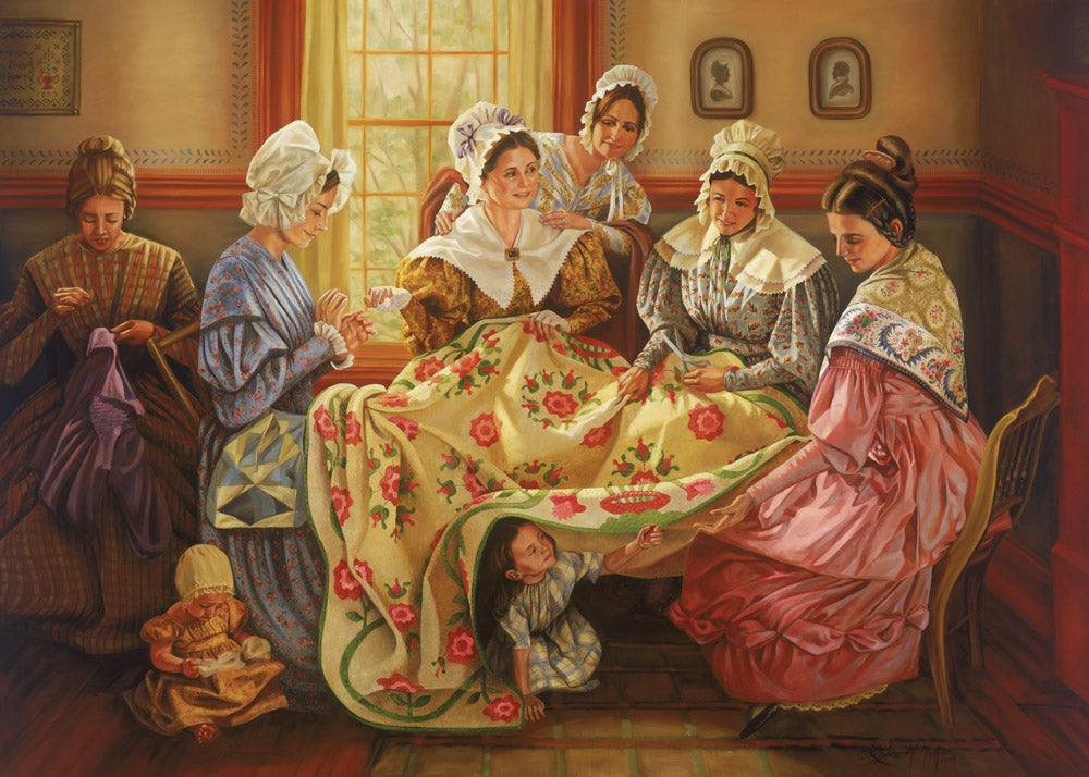Emma Smith and a group of women work on a quilt together.