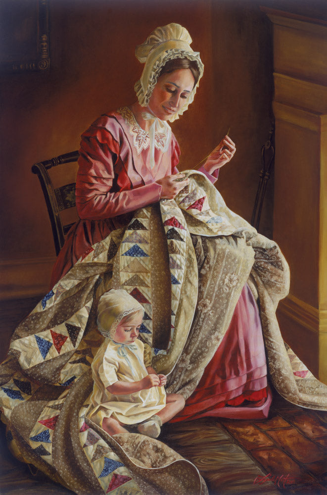 Pioneer Jane Snyder Richards sits and repairs a quilt with her young daughter.