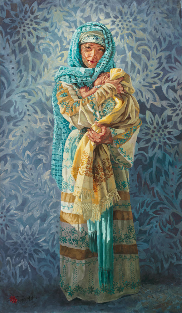 Fresh version of the Madonna and child image. Mary holding young baby Jesus.