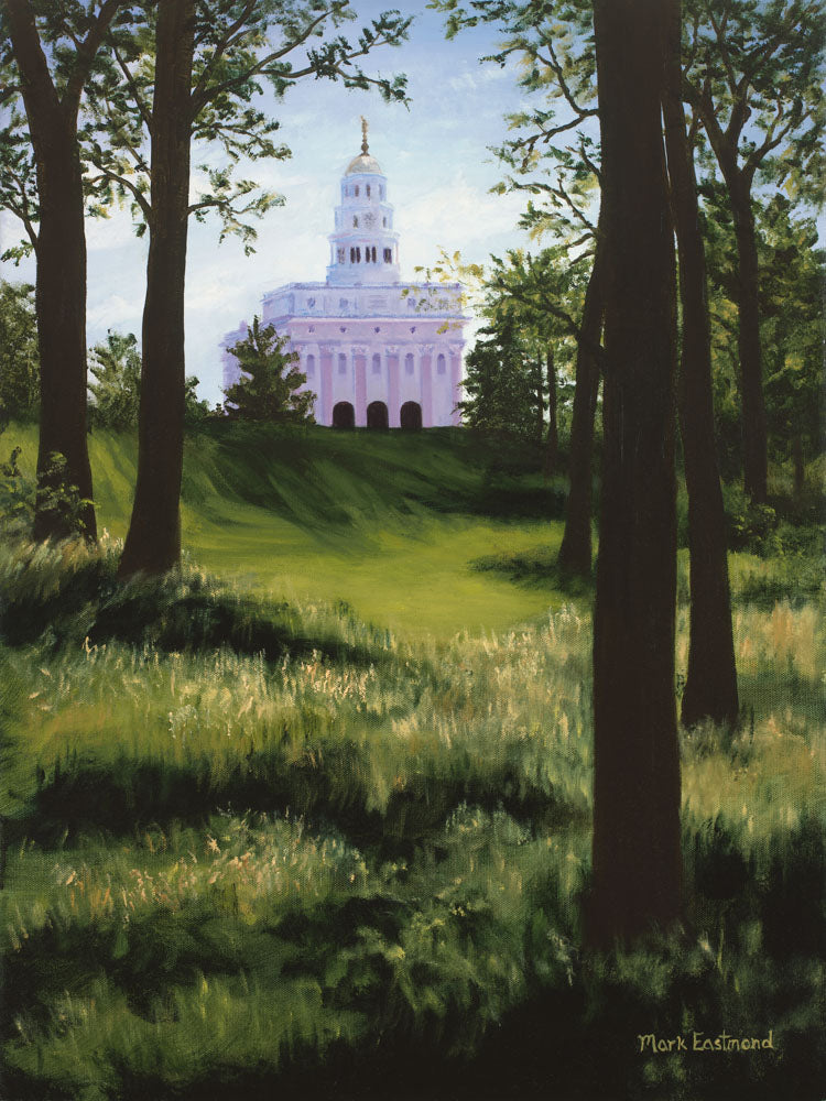 View of the Nauvoo temple through the trees.
