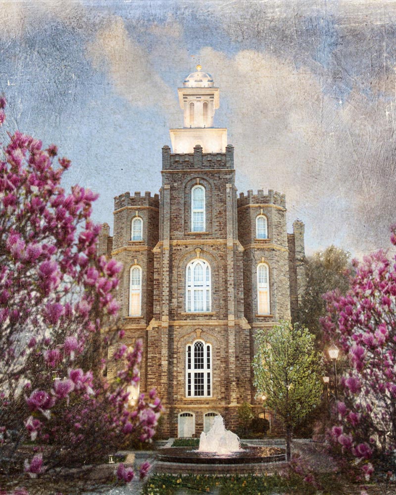 Logan Utah Temple with Purple blossoms.