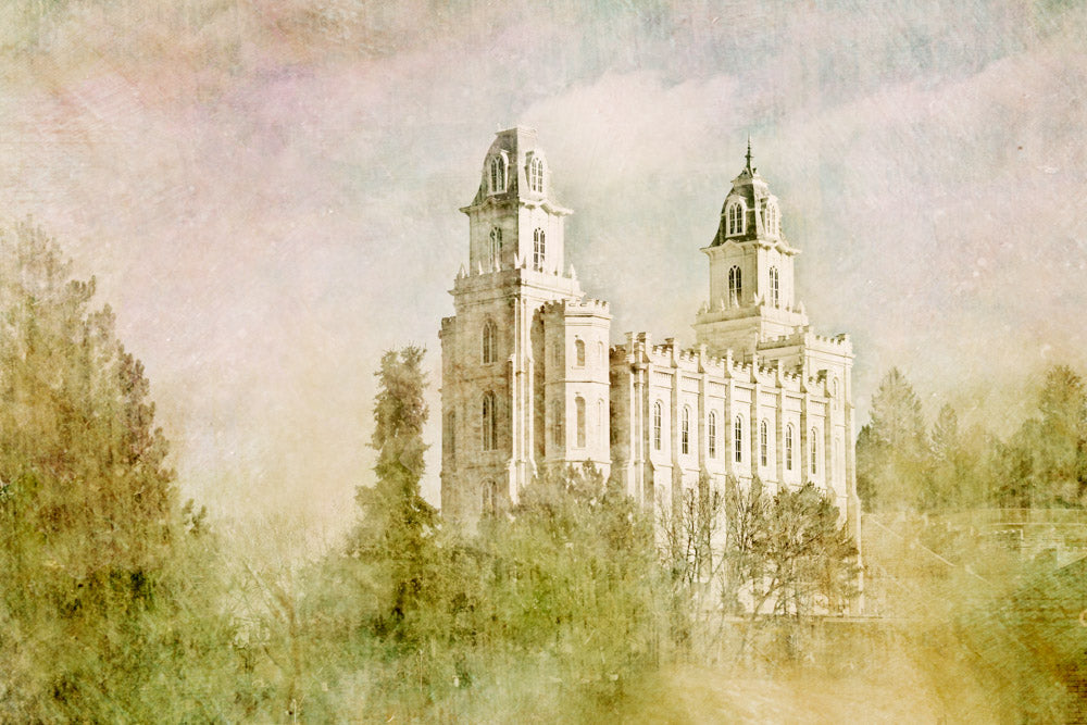 Manti Utah Temple with green trees in front.