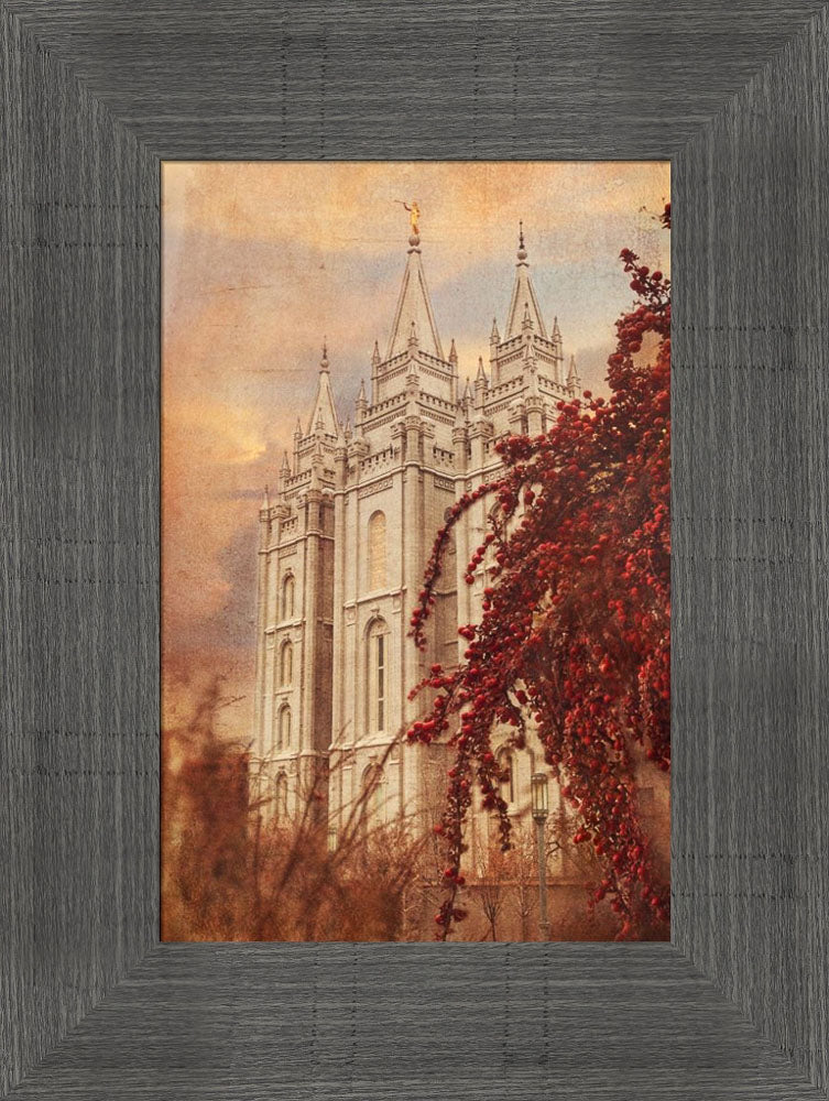 Salt Lake Utah Temple red leaves in autumn.