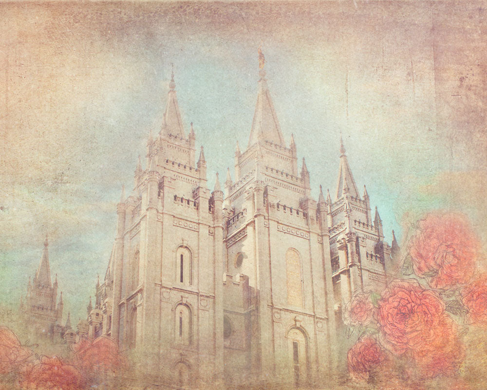 Salt Lake Utah Temple with pink flowers.