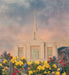Ogden Utah Temple with blue and yellow flowers. 