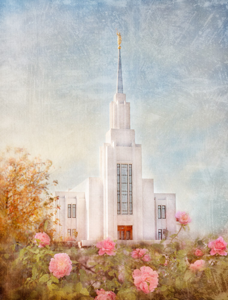 Twin Falls Idaho Temple with pink flowers.