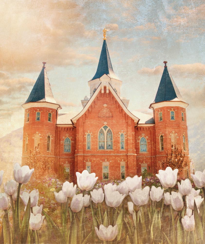 Provo City Center Utah Temple with white tulips.