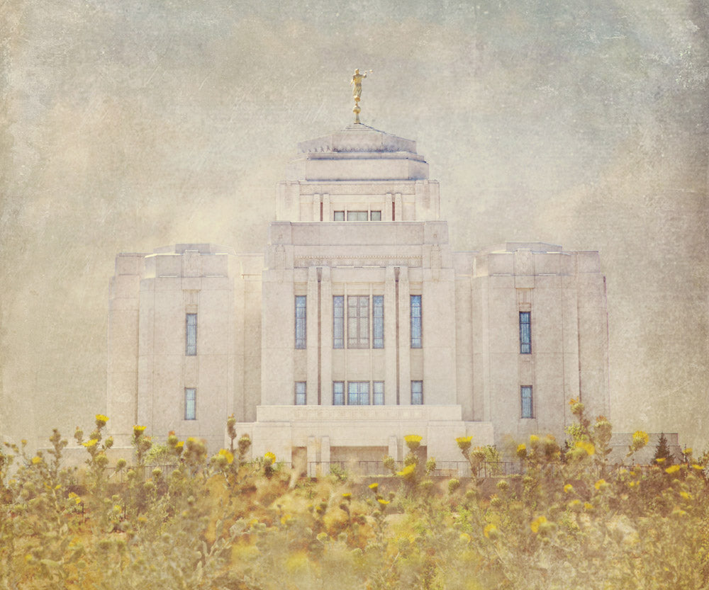Meridian Idaho Temple with yellow flowers.