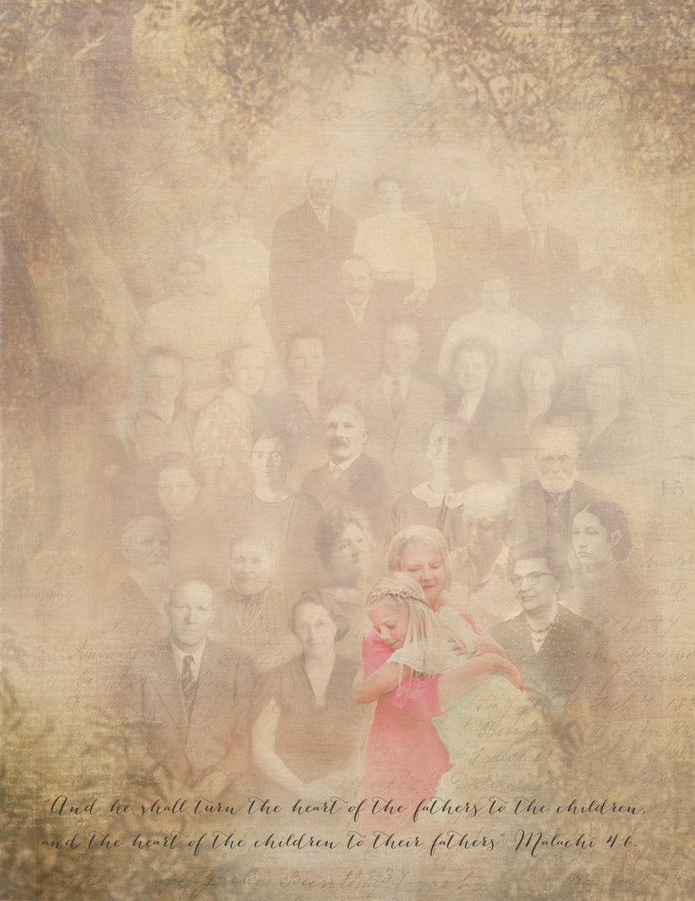 Young girl hugging her grandmother with her ancestors in the background.