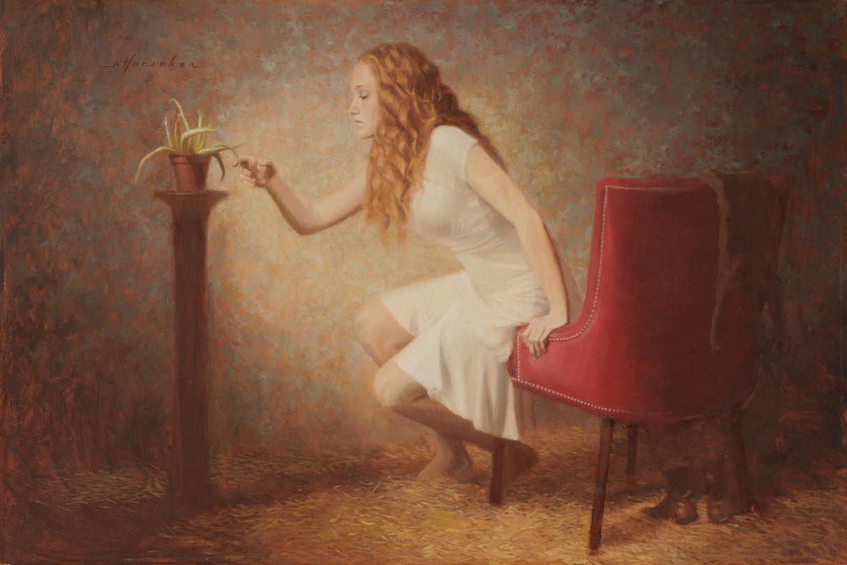 A symbolic painting of a young woman reaching out and touching an aloe vera plant.