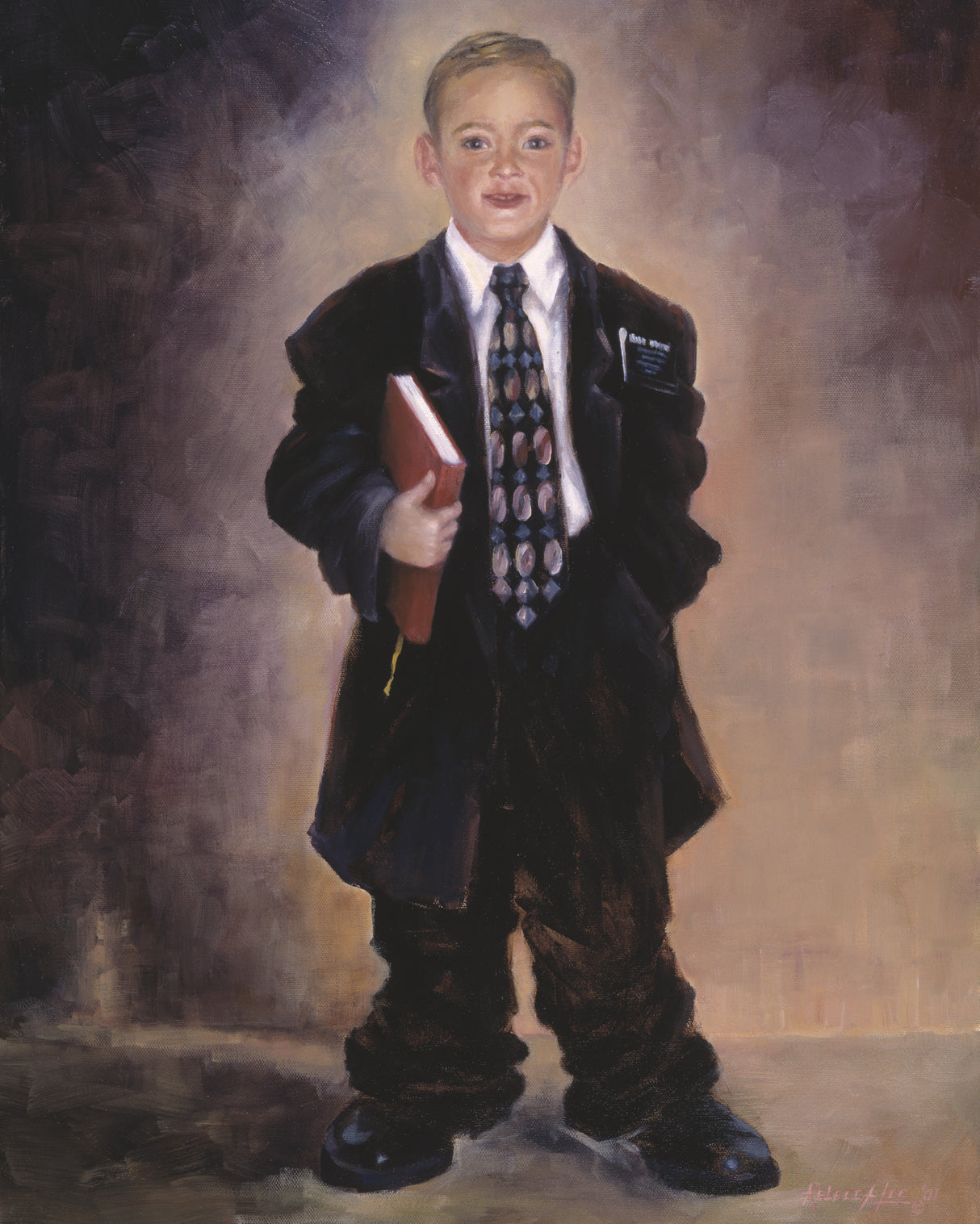 Young boy dressed in a baggy suit as a missionary holding a book of Mormon.