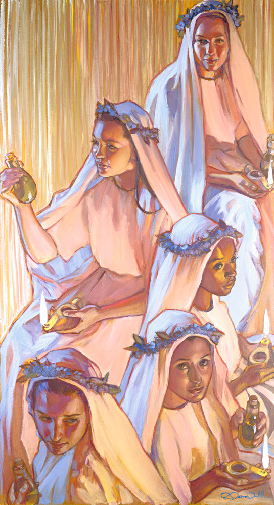 Five women holding oil lamps and bottles of oil.