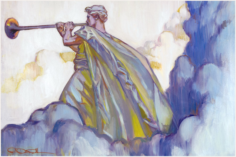 An angel standing in the clouds blowing a trumpet.