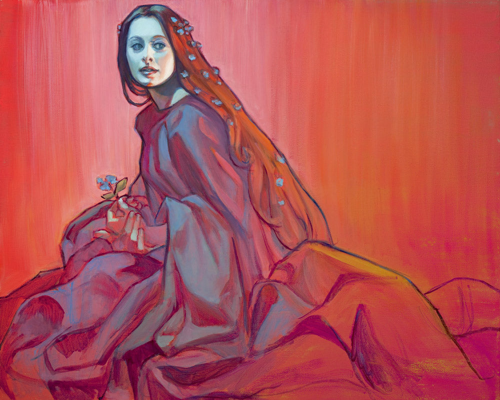 A women dressed in red holding a flower with a red background.