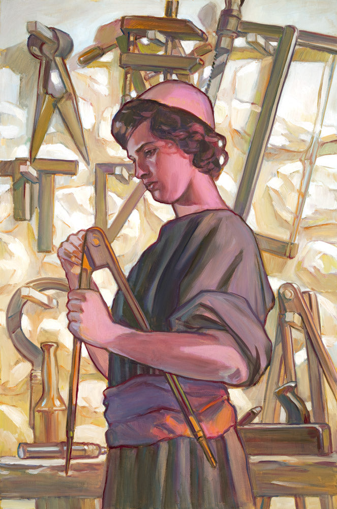 A young Jesus holding a carpenter tool with tools on a wall behind him.