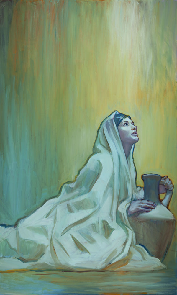 Women sitting on ground next to a pot, looking up.