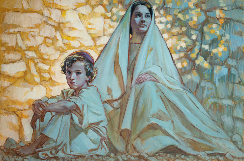 Young Jesus sitting next to his mother Mary against a rock wall.