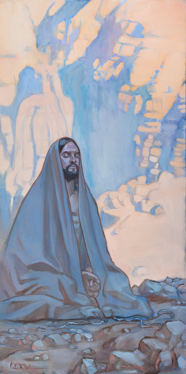 Image of Jesus Christ sitting in the wilderness praying. 